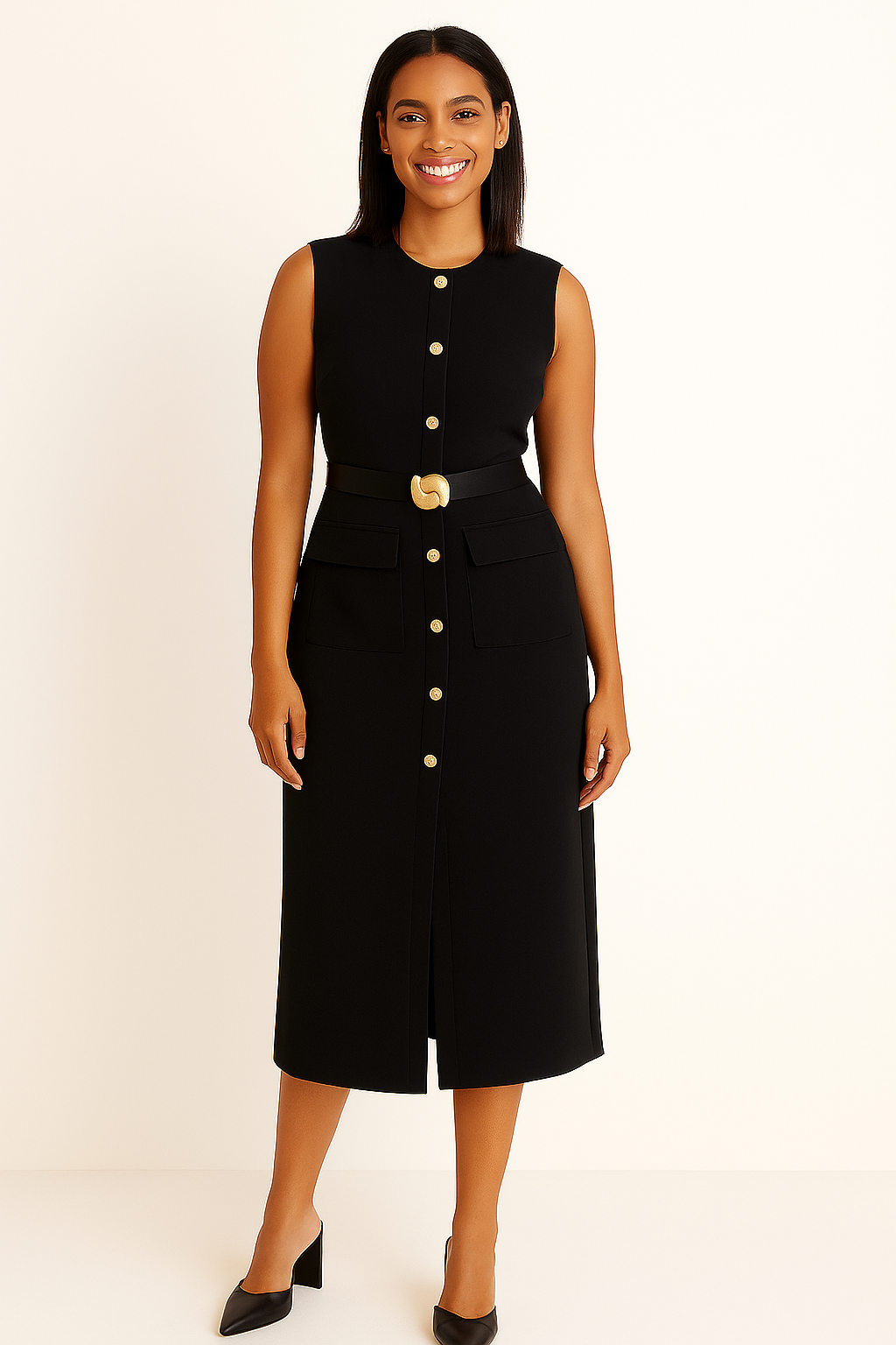 MIRELLA Midi Jurk met Riem en Knopen