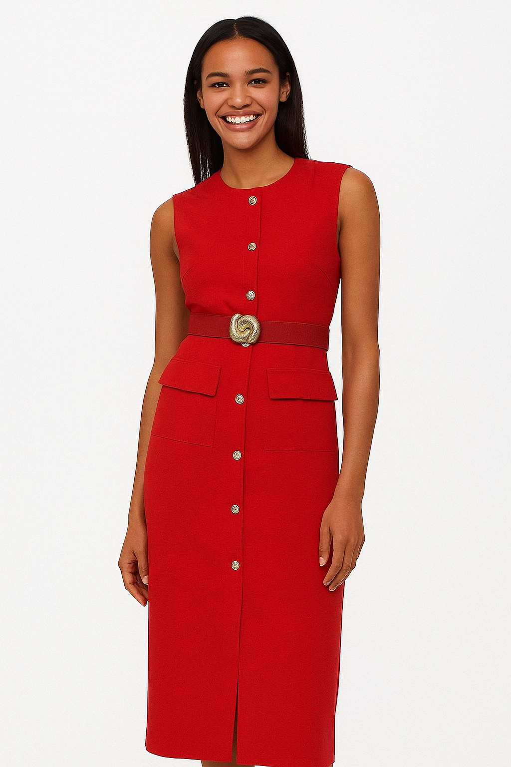 MIRELLA Midi Jurk met Riem en Knopen